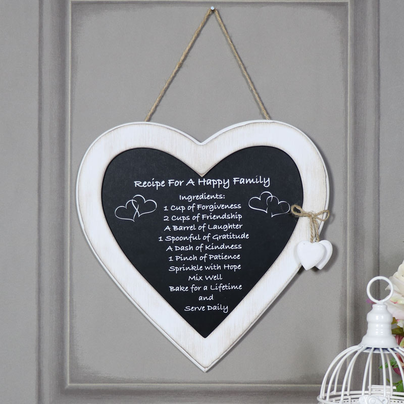 Rustic Hanging Heart Plaque "Recipe for a Happy Family"