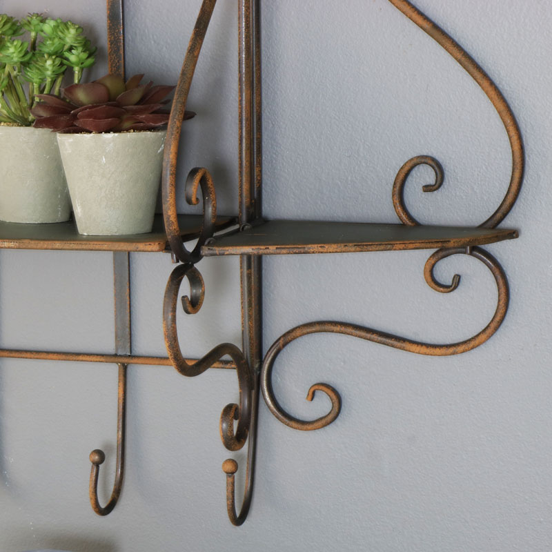 Rustic Metal Industrial Wall Mountable Shelves with Hooks 