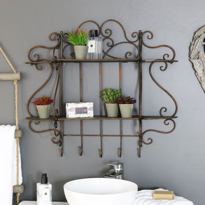 Rustic Metal Industrial Wall Mountable Shelves with Hooks 