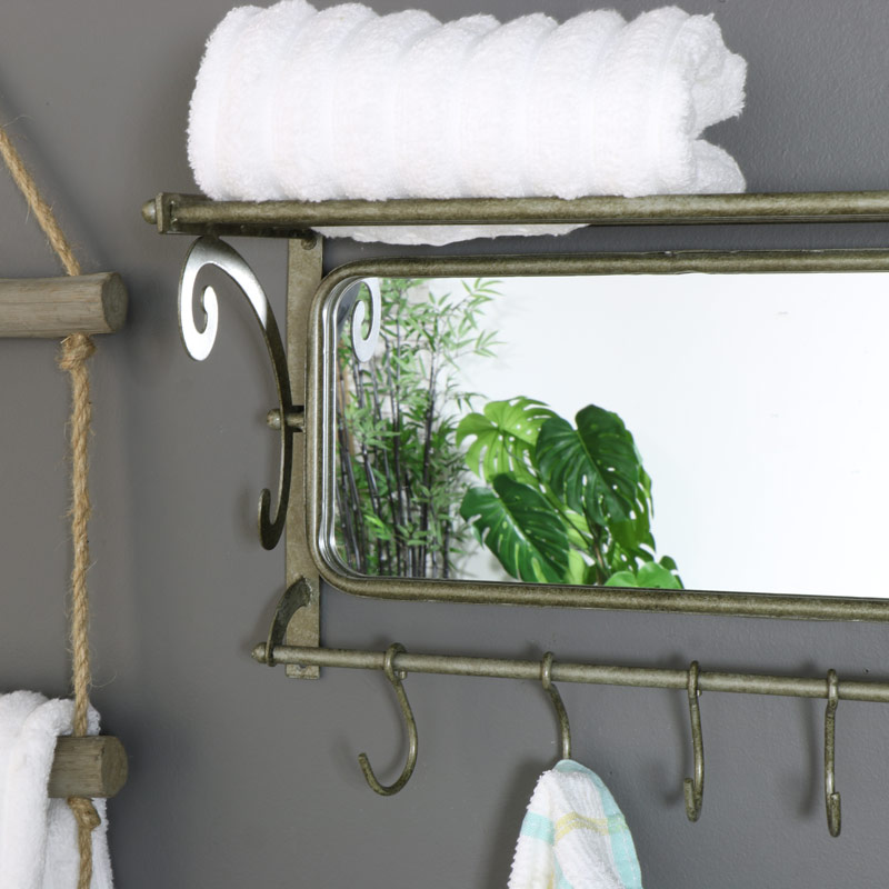 Rustic Metal Mirror with Shelf and Hooks