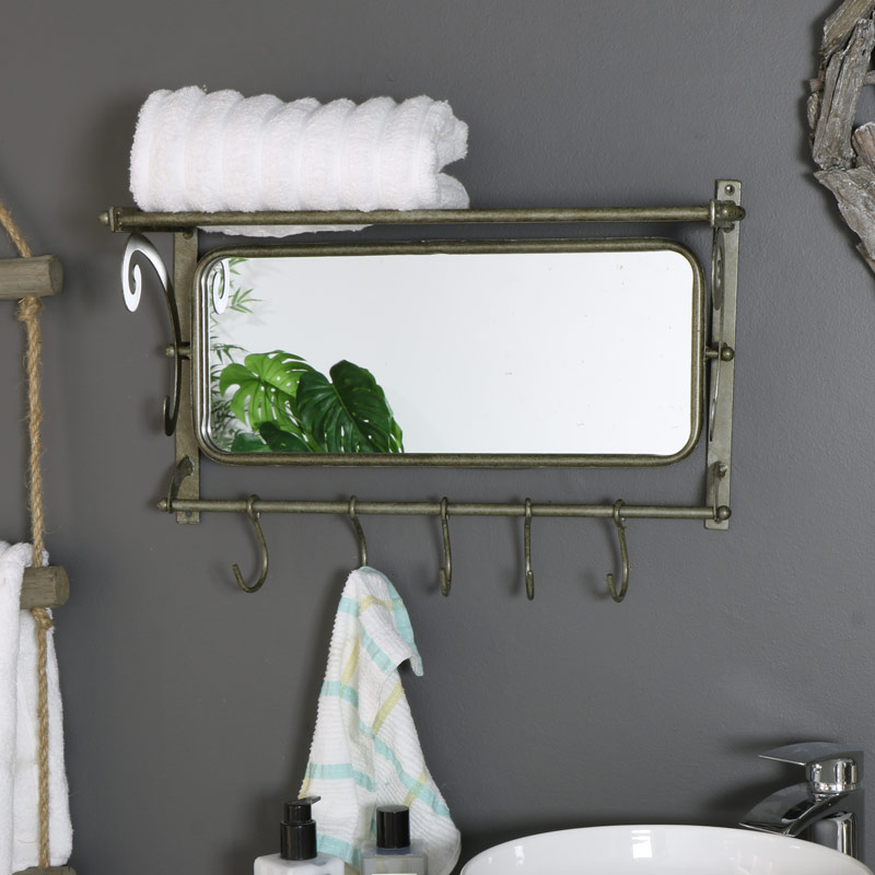 Rustic Metal Mirror with Shelf and Hooks