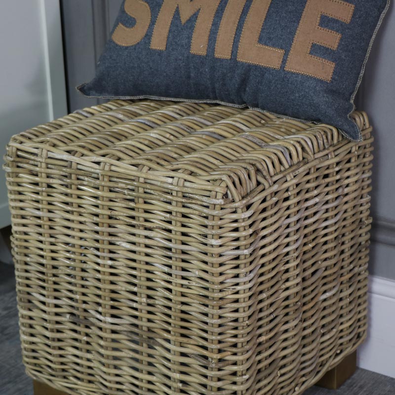 Rustic Rattan Cube Stool