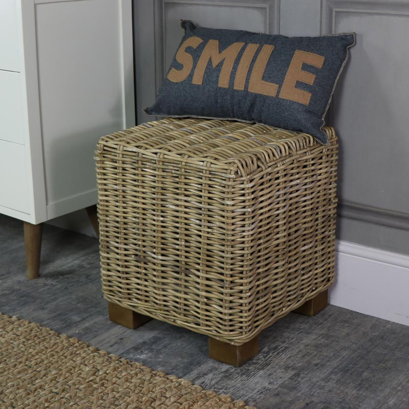 Rustic Rattan Cube Stool