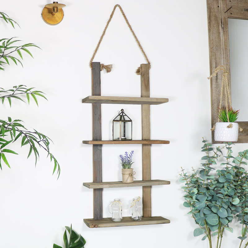 Rustic Wooden Rope Wall Shelves