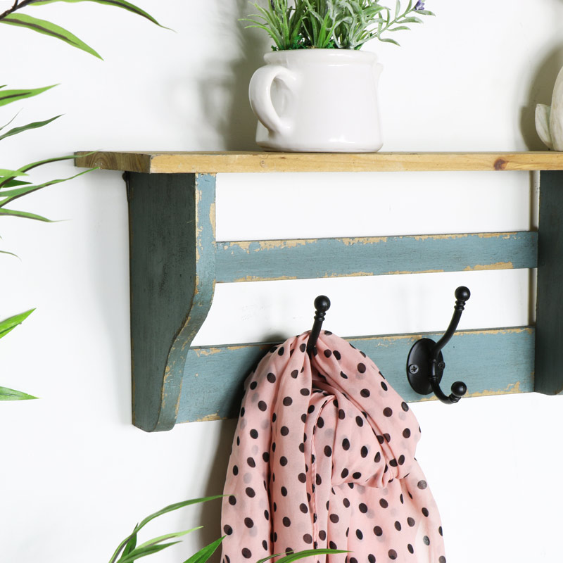 Rustic Wooden Wall Shelf with Coat Hooks