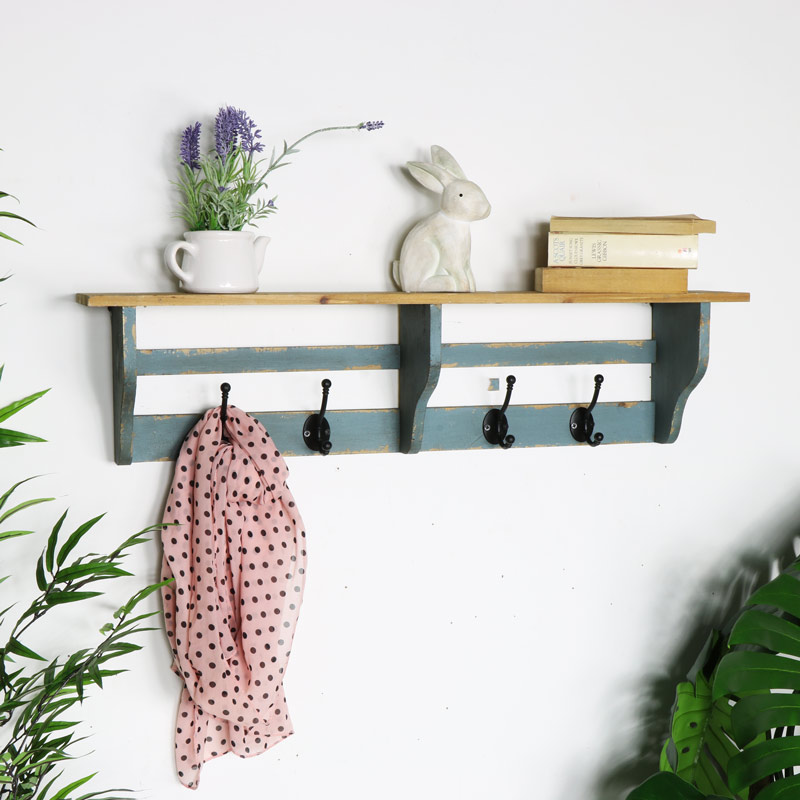 Rustic Wooden Wall Shelf with Coat Hooks