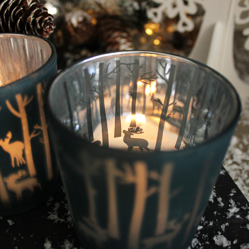Set of 2 Blue Glass Reindeer Tealight Holders