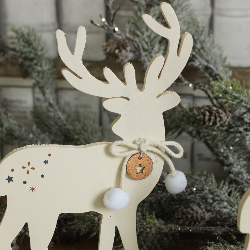 Set of 2 Cream Wooden Christmas Reindeer