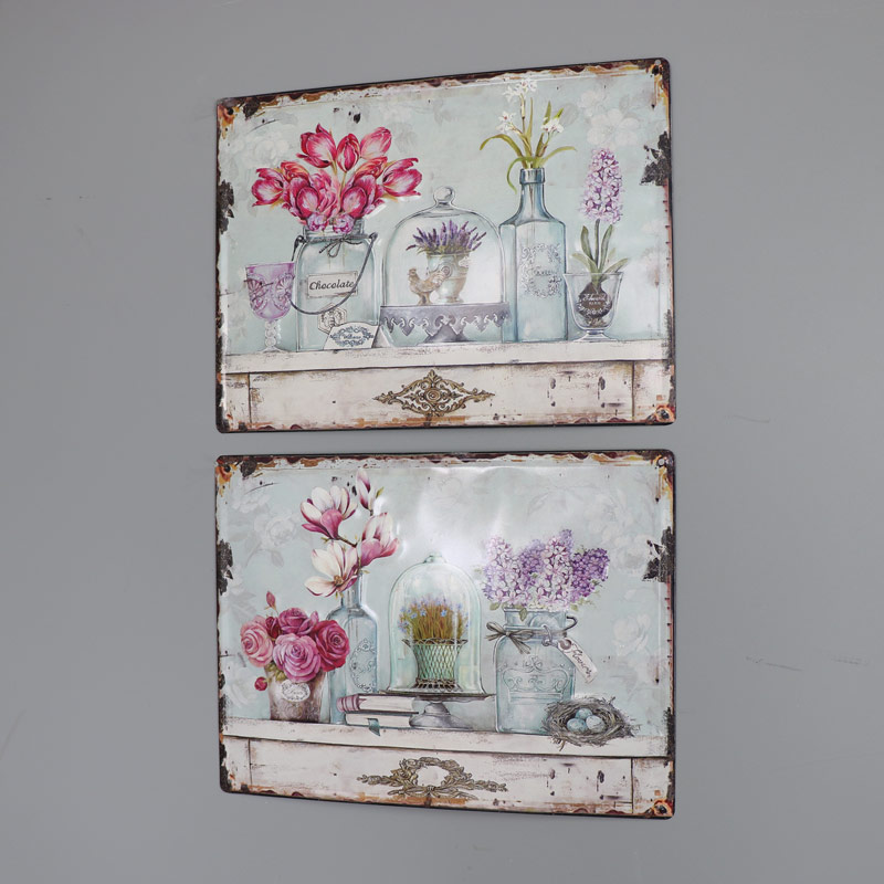 Set of 2 Large Metal Vintage French Floral Wall Plaques