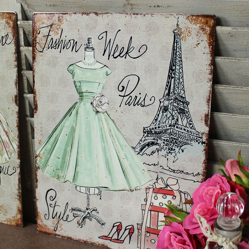 Set of 2 Metal Vintage French Fashion Week Wall Plaques 