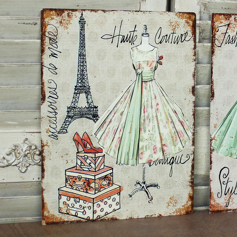 Set of 2 Metal Vintage French Fashion Week Wall Plaques 