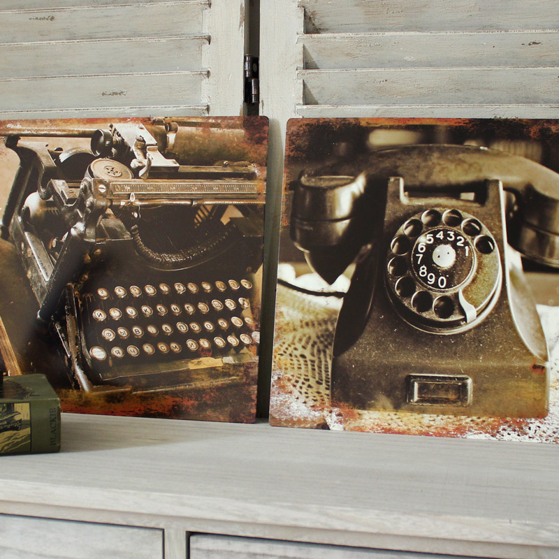 Set of 2 Metal Vintage Typewriter & Telephone Wall Plaques 