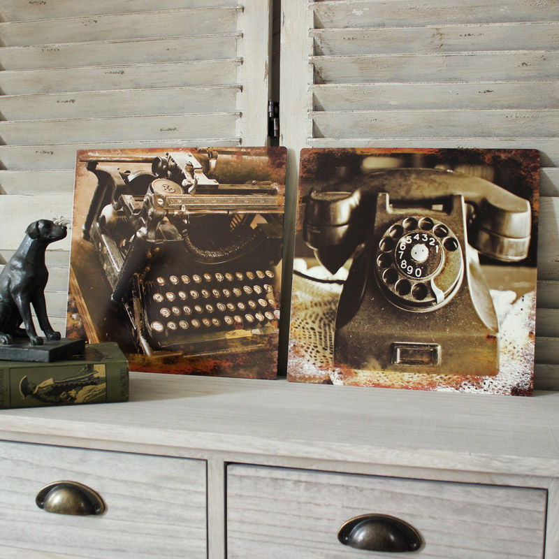 Set of 2 Metal Vintage Typewriter & Telephone Wall Plaques 