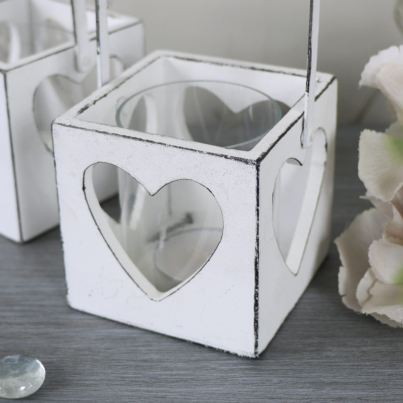 Set of 2 Vintage White Heart Hanging Tealight Candle Holders