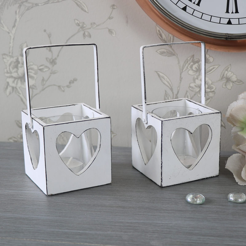 Set of 2 Vintage White Heart Hanging Tealight Candle Holders