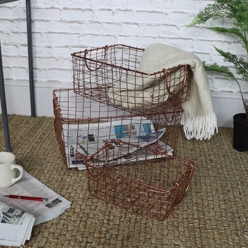 Set of 3 Copper Metal Storage Baskets