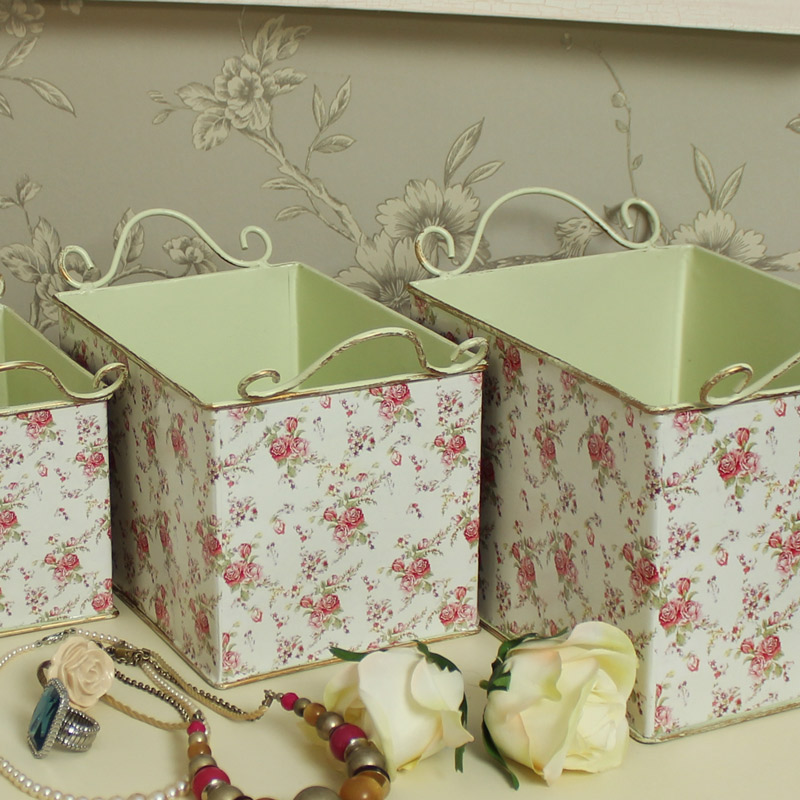 Set of 3 Cream Metal Decorative Floral Storage Boxes