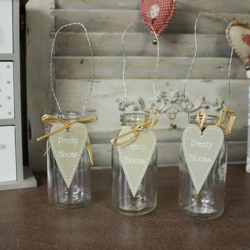 Set of 3 Decorative Hanging Glass Bottle Storage Jars with Heart Charms 