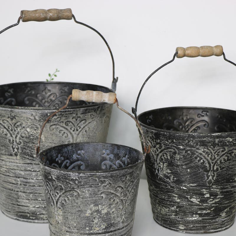 Set of 3 Distressed Metal Buckets 