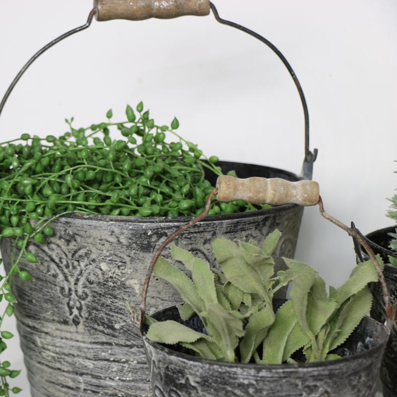 Set of 3 Distressed Metal Buckets 