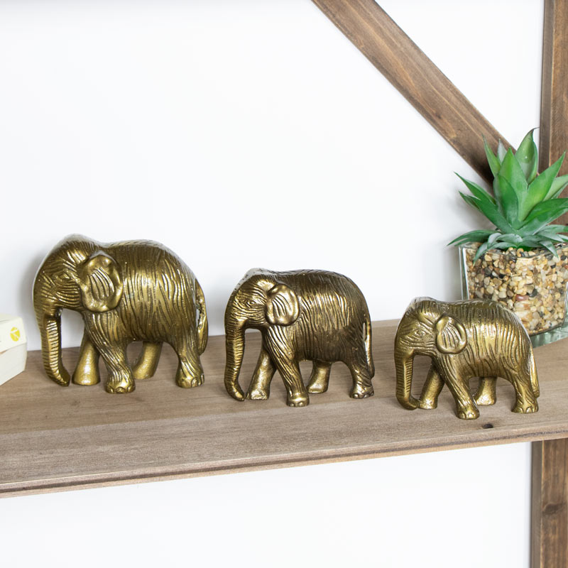 Set of 3 Family of Gold Indian Elephant Ornaments