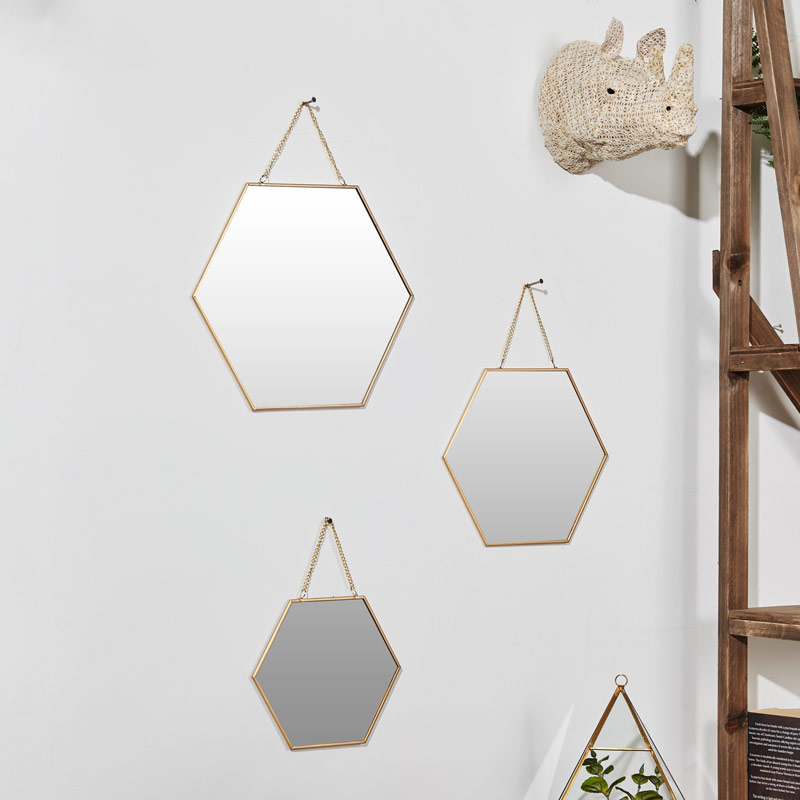 Set Of 3 Gold Framed Hexagon Wall Mirrors