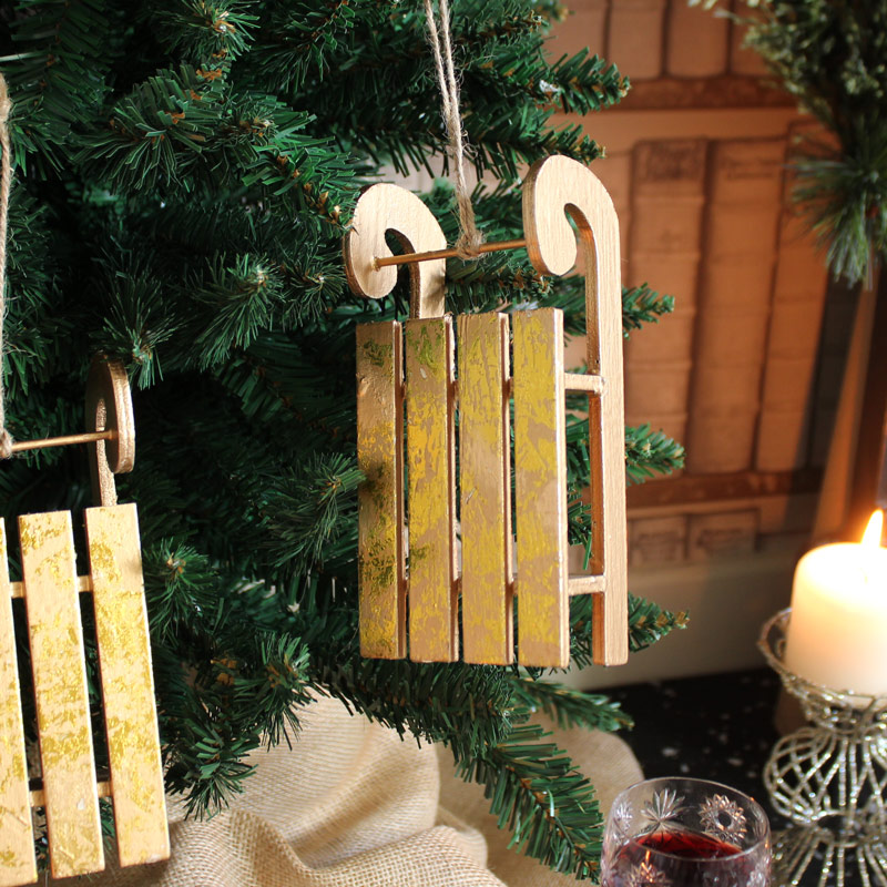 Set of 3 Gold Hanging Sleigh Decorations