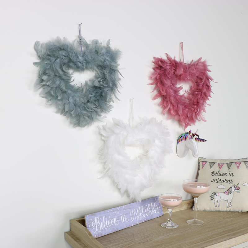 Set of 3 Hanging Feather Heart Hanging Decoration