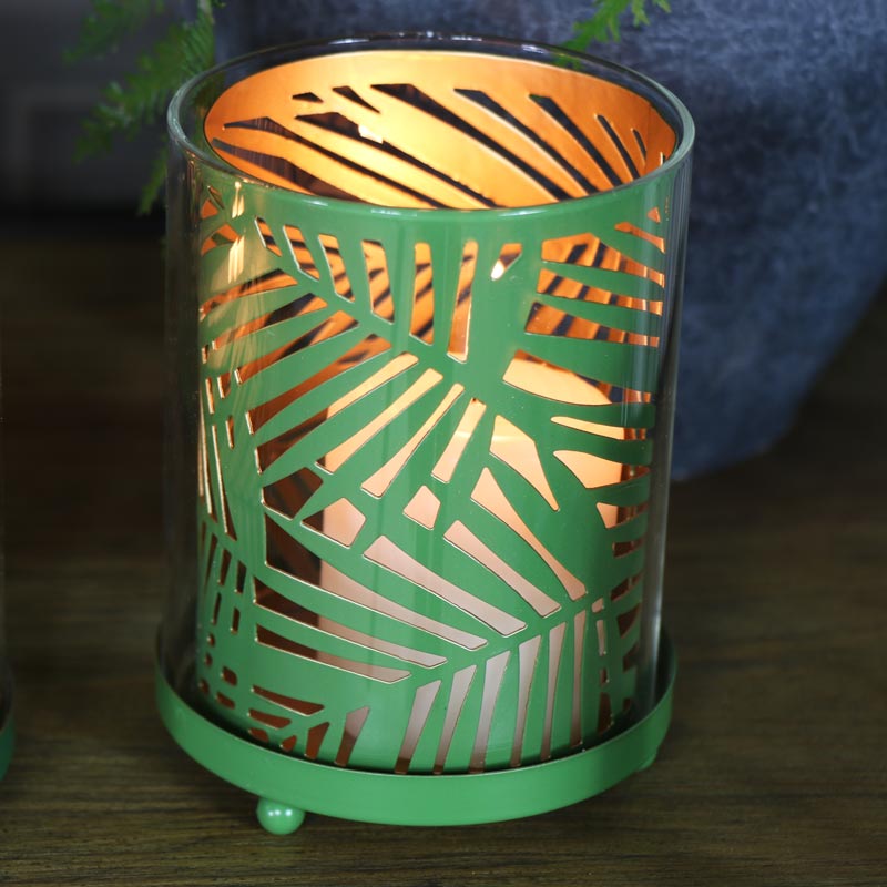 Set of 3 Palm Leaf Glass Candle Holders