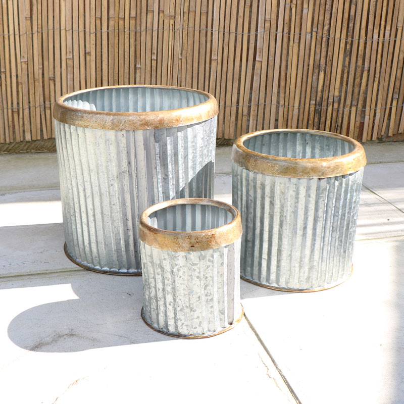 Set of 3 Round Grey Metal Planters