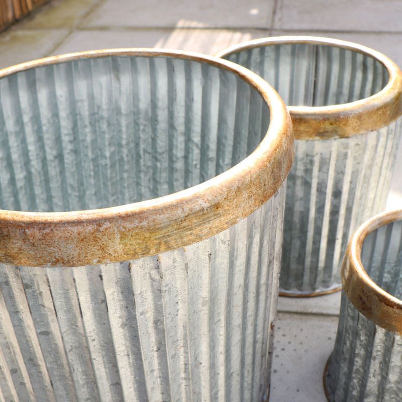 Set of 3 Round Grey Metal Planters