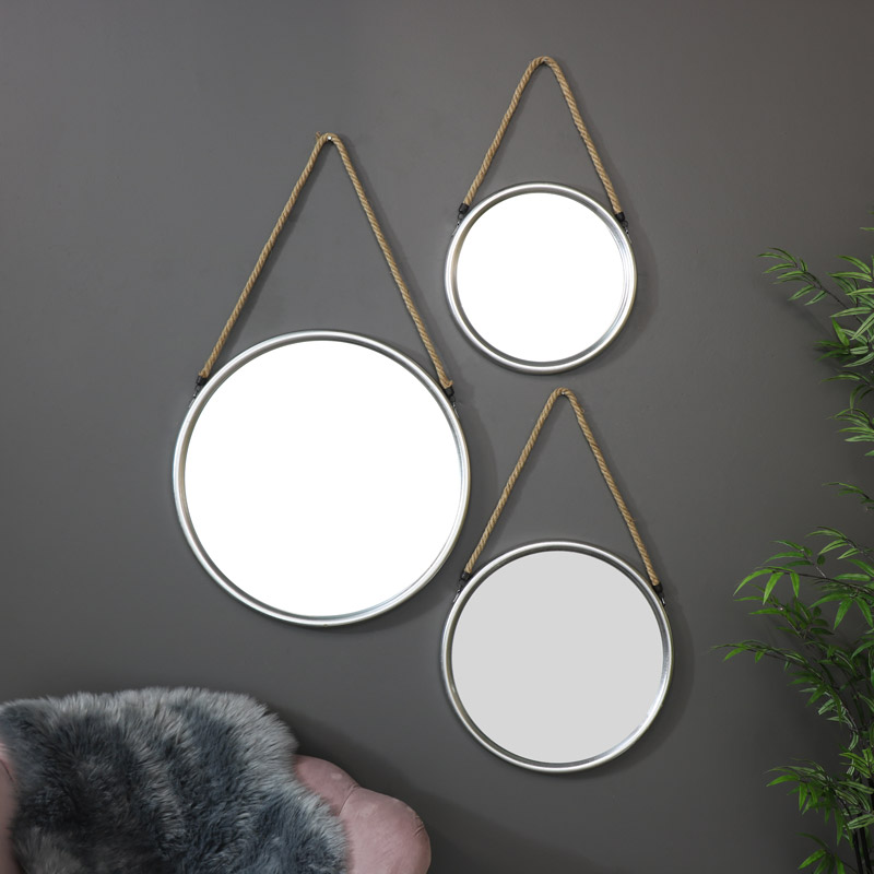 Set Of 3 Round Silver Wall Mounted Mirrors, Set Of Mirrors For Hallway