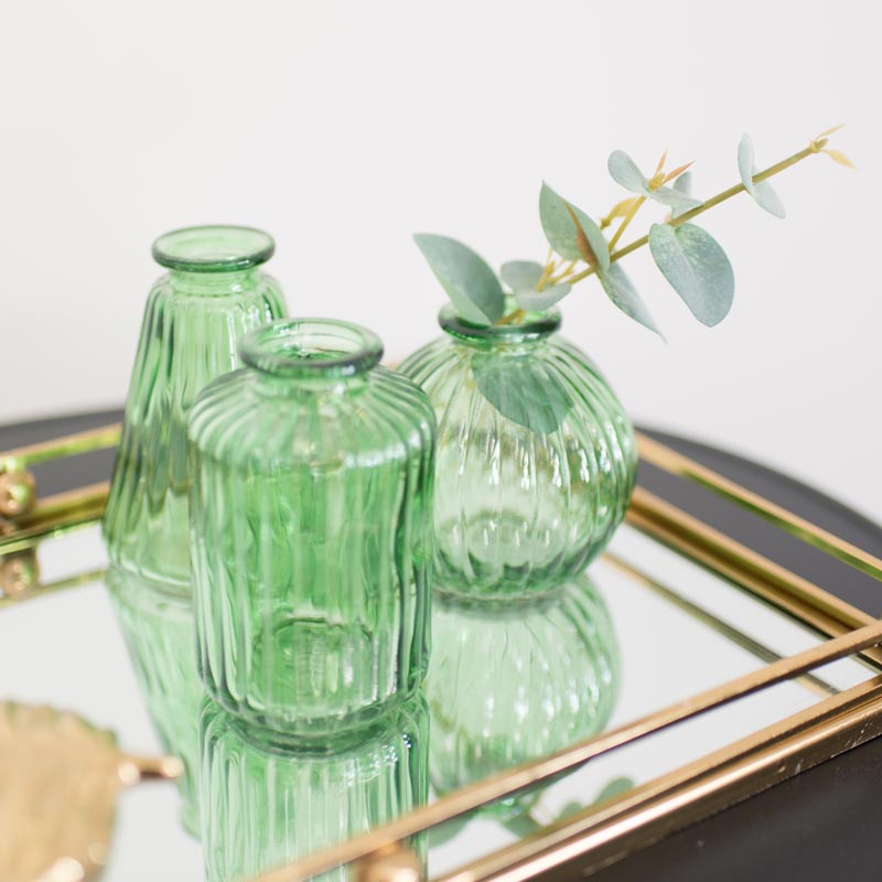 Set of 3 Small Green Glass Vases