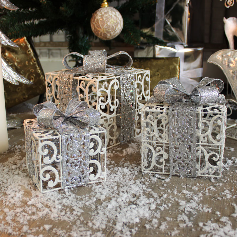 Set of 3 White & Silver Decorative Christmas Presents