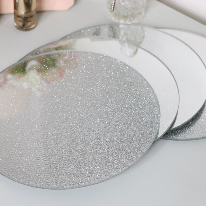 Cookware Dining Bar Sparkle Mirrored Glass Glitter Silver Placemats Set Of 2 Home Furniture Diy Etiqu In Cookware Dining Bar Sparkle Mirrored, Silver Glitter Placemats Round