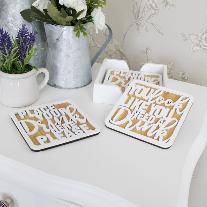 Set of 4 White Wooden 'Drink' Coasters