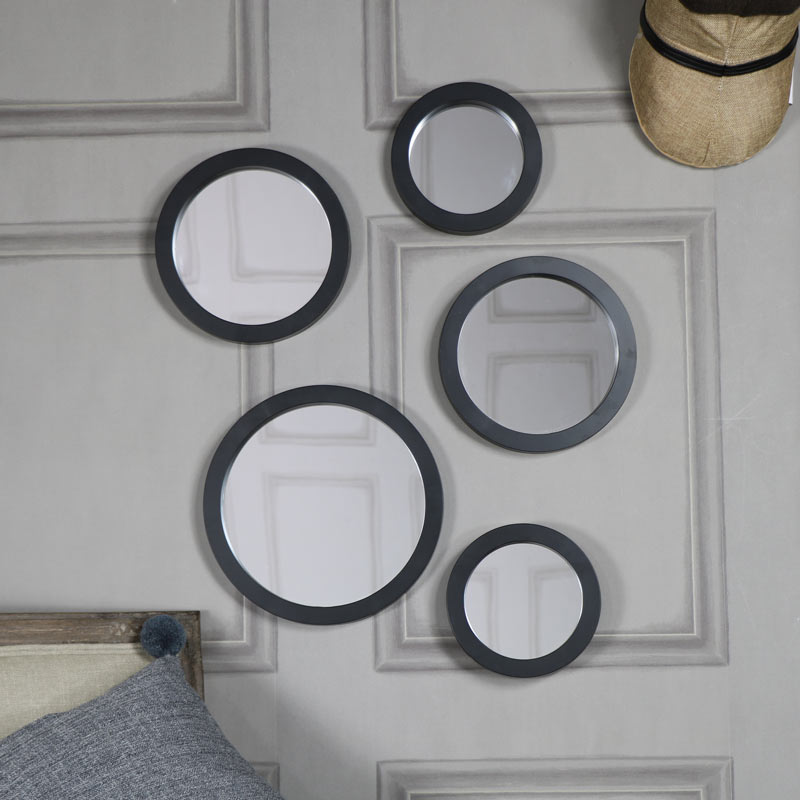 Set Of 5 Round Black Wall Mirrors - Gray Wall Mirror Set