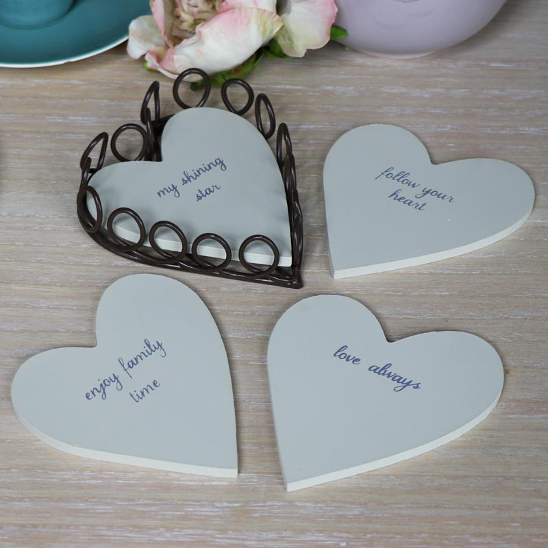 Set of Cream Heart Coaster in Holder