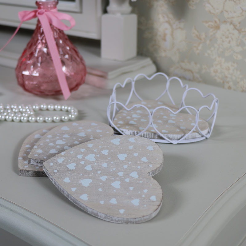 Set of Rustic Heart Shaped Coasters in Holder