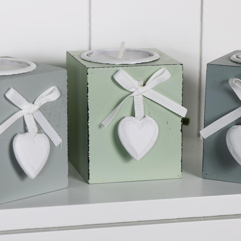 Set of Three Grey Wooden Heart Tealight Holders