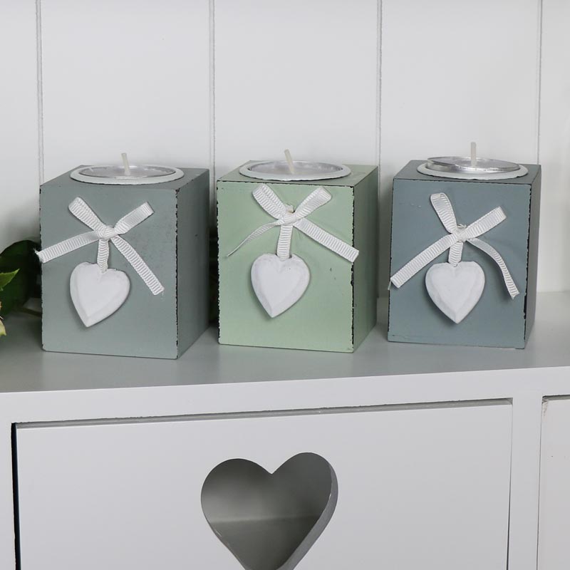 Set of Three Grey Wooden Heart Tealight Holders