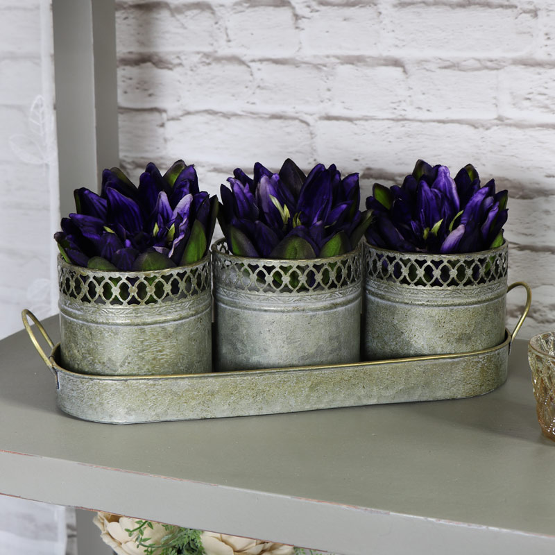 Set of Three Metal Pots in a Tray