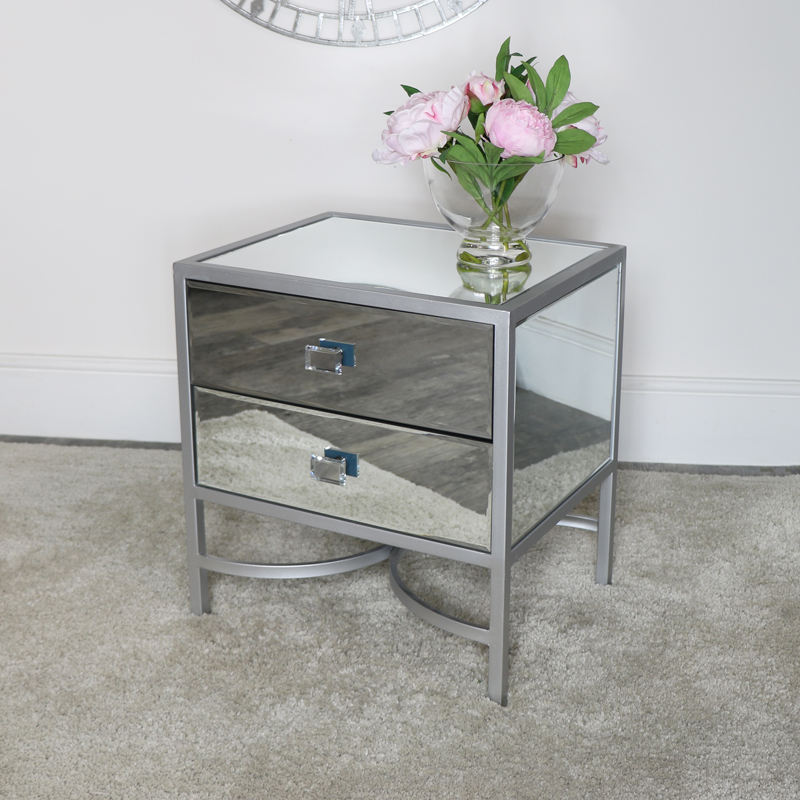 Silver Mirrored Bedside Thalia Range, Silver Mirror Side Table