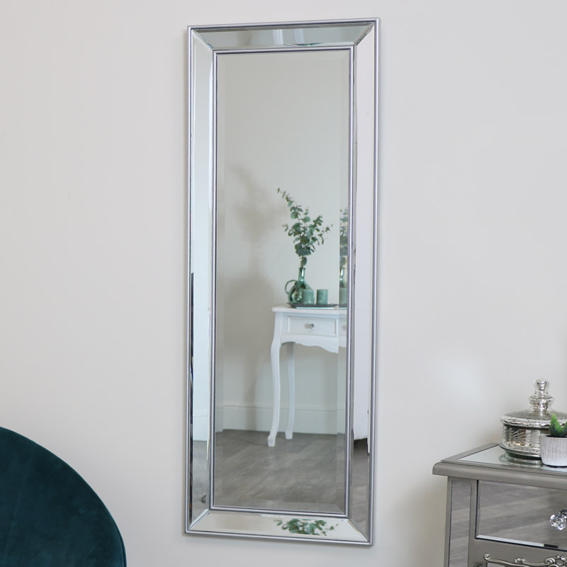 Tall Silver Frame Wall Floor Mirror, Contemporary Floor Mirror With Mirrored Frame