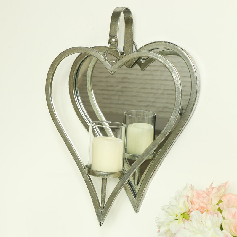 Silver Hanging Heart Mirror Candle Sconce