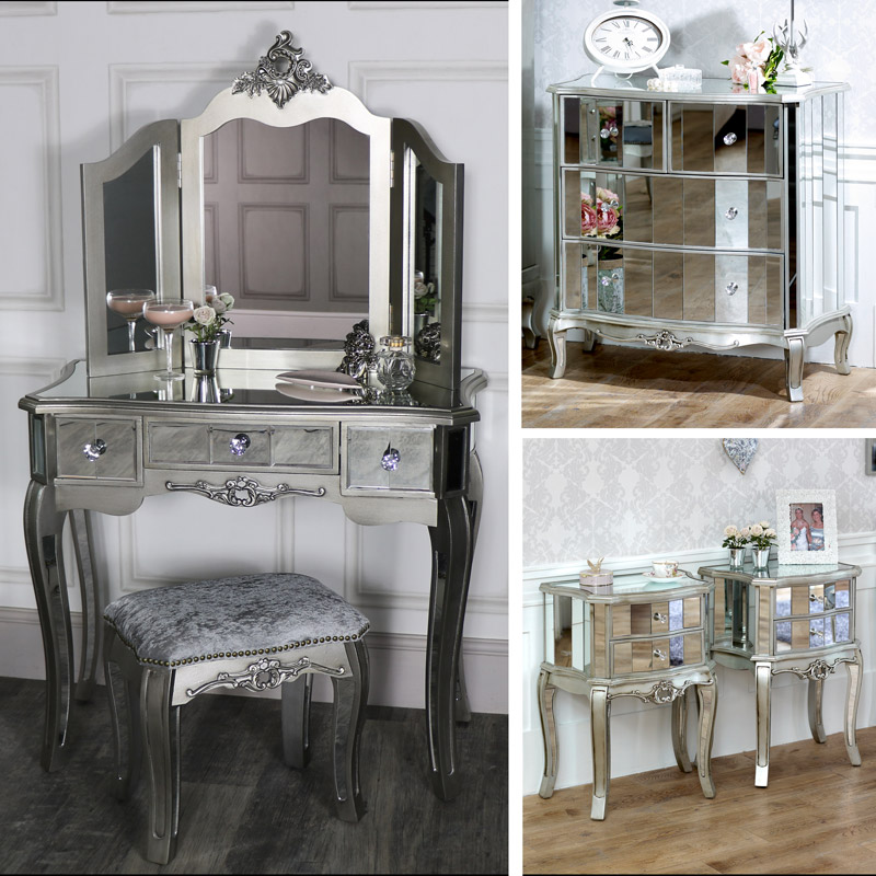 Silver Mirrored Bedroom Furniture, Mirrored Vanity With Drawers