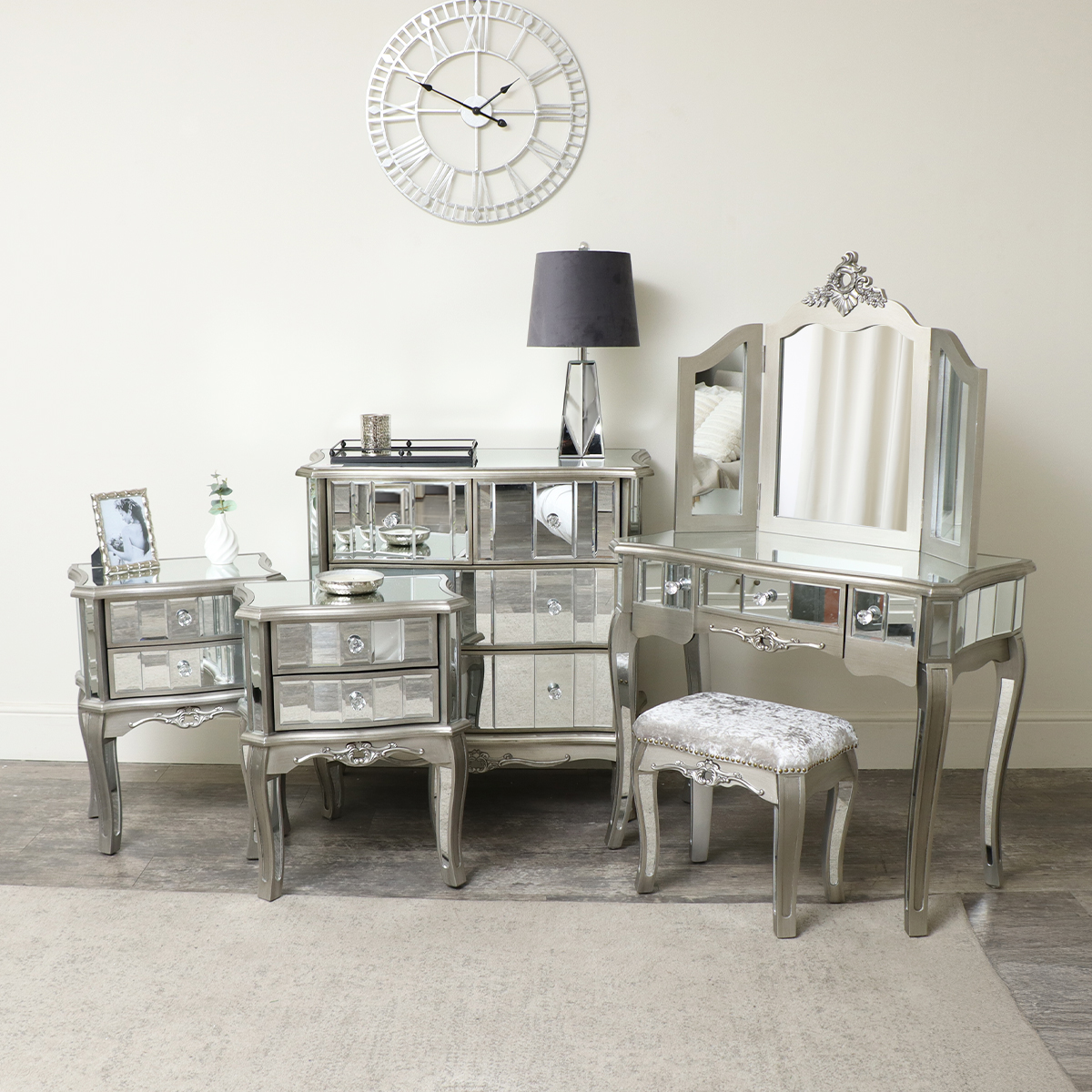 Silver Mirrored Bedroom Furniture Chest Of Drawers Dressing Table Set Bedside Tables Tiffany Range