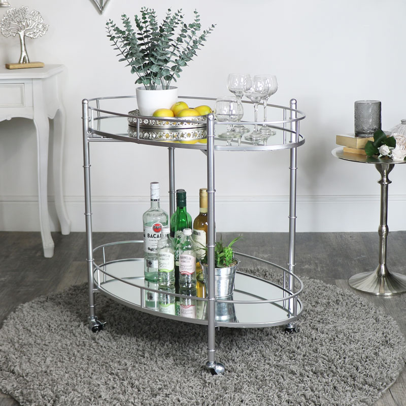 Silver Mirrored Oval Drinks Trolley