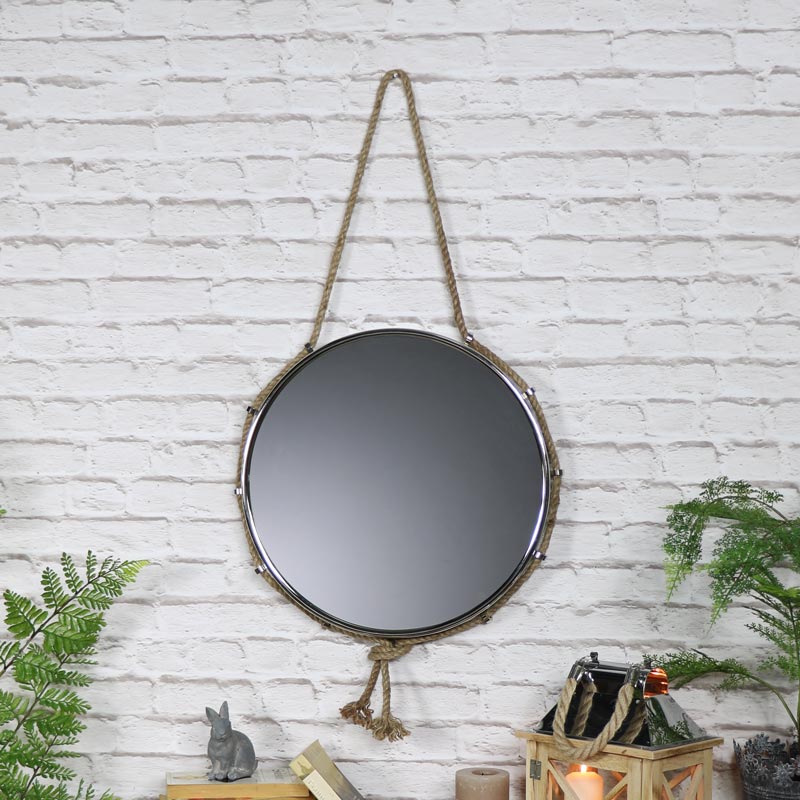 Silver Nickel Nautical Wall Mirror with Rope Hanger 44cm 