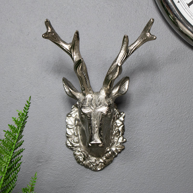 Silver Ornate Wall Mounted Metal Stags Head